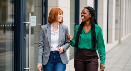 Diverse Businesswomen Walking and Talking Casually Outdoors