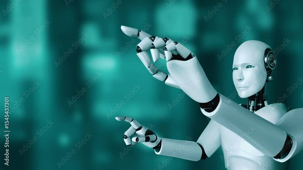 Poster ai hominoid robot touch screen of mathematics formula and science equation by using artificial intel
