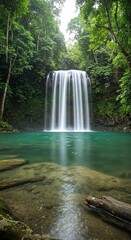 Fototapeta premium Serene Waterfall Cascading into Emerald Pool Lush Rainforest Paradise
