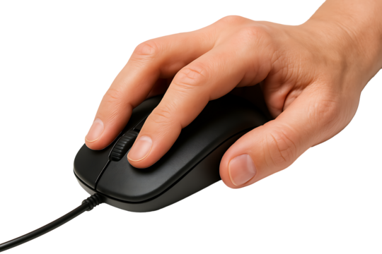 Hand on computer mouse isolated on transparent background