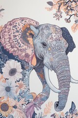 Obraz premium illustration of animal in vintage boho style. elephant on background of plants and flowers. botanical drawing style. Postcard. notebook cover, print concept. scrapbooking wallpapers. digital art