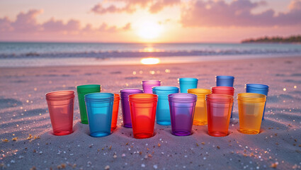 Colorful plastic cups on beach at sunset