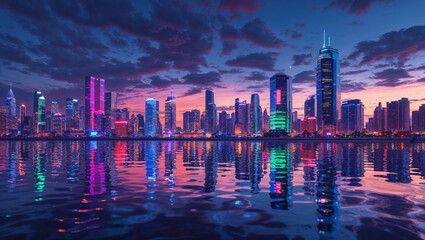 Fototapeta premium Vibrant futuristic city skyline at sunset