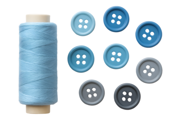 Sewing essentials thread spool with buttons top view isolated on transparent background
