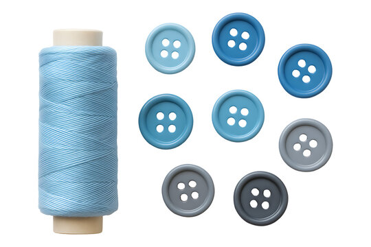 Sewing essentials thread spool with buttons top view isolated on transparent background