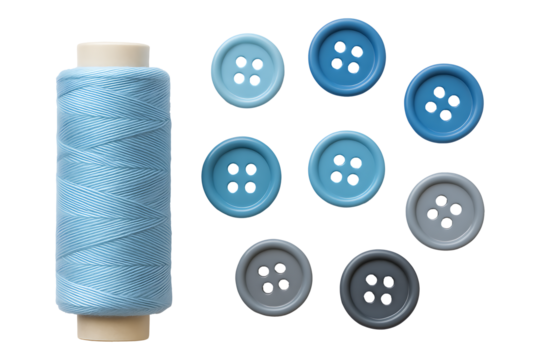 Sewing essentials thread spool with buttons top view isolated on transparent background