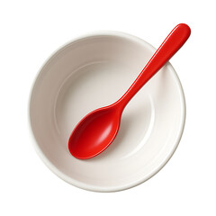 White ceramic bowl with red spoon isolated on transparent background
