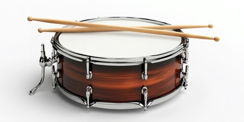 3D Render of Snare Drum with Two Drumsticks on Clean White Background, Musical Instrument Concept