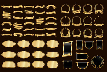 Ribbon banner label emblem gold vector background set with isolated fancy badge vintage sticker and decorative border icon 