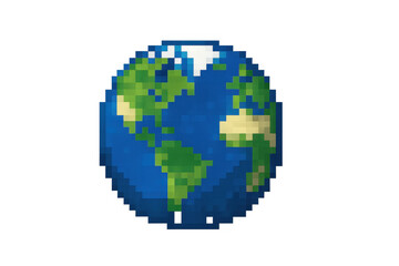 Pixelated earth globe rotating, with continents and oceans clearly visible, on a transparent background