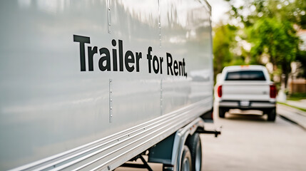Trailer for rent and a truck on a street, offering transportation solutions. Moving assistance. Outdoor scene, advertising rental services with text.