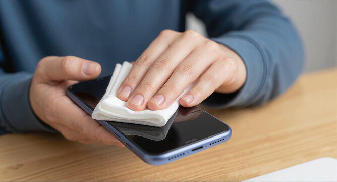 Person Cleaning Smartphone Screen with a Disinfectant Wipe for Hygiene.