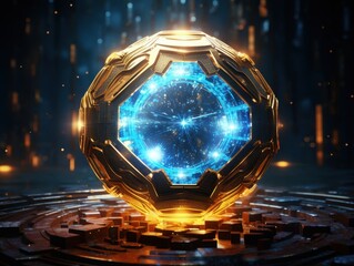 Futuristic gold sphere glowing with intricate patterns and blue light, surrounded by futuristic metallic structure
