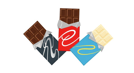 Assortment of dark, milk, and white chocolate bars in colorful unwrapped packaging, perfect for confectionery promotions, dessert menus, sweet treat advertisements, food blogs, or holiday sales,