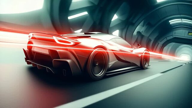 Futuristic silver supercar accelerates through a tunnel with red light trails emphasizing speed, power, and advanced aerodynamic design in a modern sci-fi setting