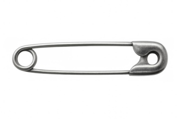 Metal safety pin securely fastening fabric, clasping tightly against white background, highlighting practical utility and minimalist design