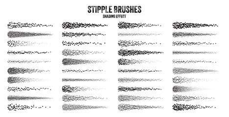 Ink scatter brush, stipple drawing and texturing. Fading gradient. Stippling, dotwork drawing, shading using dots. Halftone disintegration effect. White noise grainy texture. Vector illustration