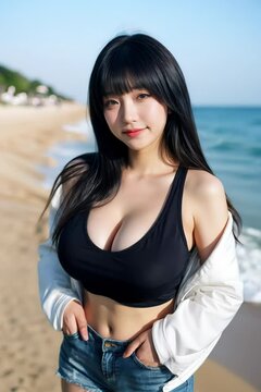 Attractive and sexy woman with big boobs posing in stylish clothes with cleavage, looking pretty and cute