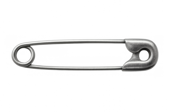 Metal safety pin securely fastening fabric, clasping tightly against white background, highlighting practical utility and minimalist design