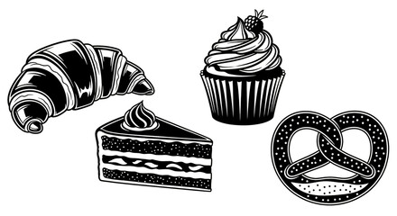 Classic bakery illustration collection ideal for cafe menus, patisserie branding, recipe books, or holiday dessert promotions. Features a croissant, cupcake, cake slice,