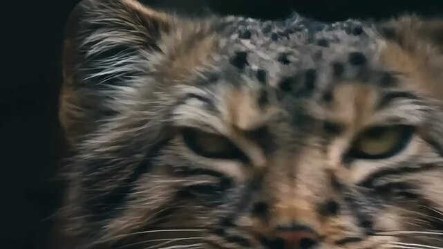 Pallas's cat with an intense gaze staring forward against a dark, natural background.