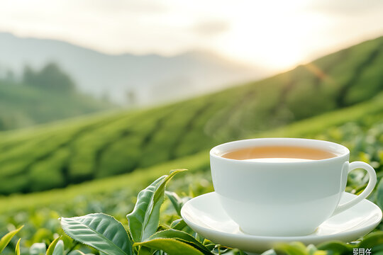 Cup of tea amidst lush tea plantation, steam rising gently. Serene landscape with rolling green hills, invoking tranquility. Sunrise in the background.
