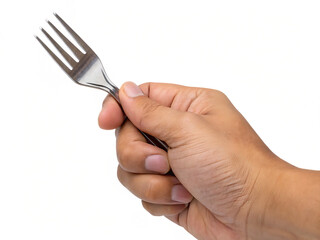 Hand holding silver fork isolated on white background.png