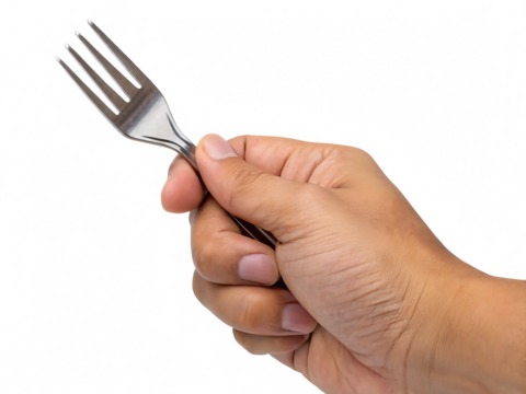 Hand holding silver fork isolated on white background.png