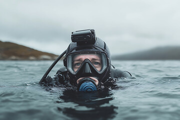 Diver in wetsuit with mask and camera emerges from ocean waters, capturing an underwater perspective. Focus on safety, skills, and exploration.