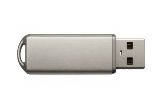 Metallic usb flash drive displaying modern technological design, highlighting compact storage solution against transparent backdrop