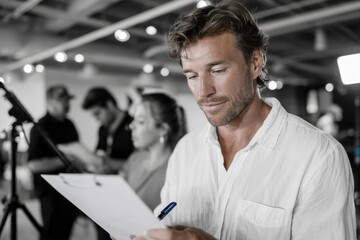 A man attentively reviews notes in a bustling creative environment, collaborating with others and contributing to a productive team project focused on filmmaking and planning.