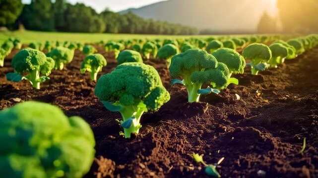 Close-up of broccoli plants growing in rich soil on a farm under bright sunlight, showcasing fresh produce and agricultural cultivation