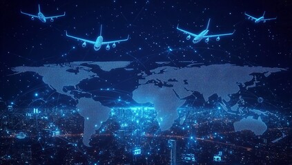 Fototapeta premium Digital World Map with Airplanes and Global Network Connections on Dark Blue Background, Symbolizing International Business and Leisure Travel