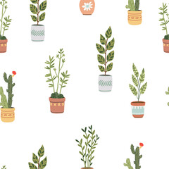Seamless pattern with indoor plants in pots on a white background. Vector illustration in a flat style.