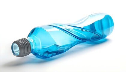 Transparent plastic water bottle isolated white background. Fresh drink, hydration, refreshing. Water bottle with blue cap, clean liquid inside