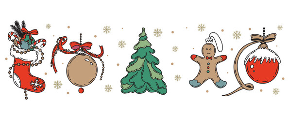 Christmas symbol, ball, tree, toy on white. Hand drawn illustration.	
