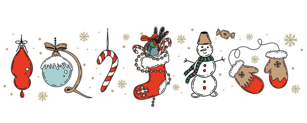 Fototapeta premium Christmas symbol, ball, tree, toy on white. Hand drawn illustration. 