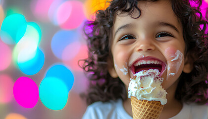 Naklejka premium Happy child enjoys ice cream. Messy face joyful expression. Young kid smiles laughs while eating tasty dessert treat. Childhood happy moments