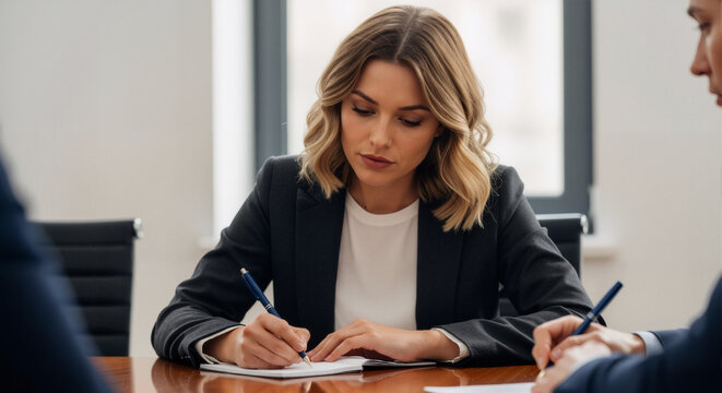 A woman at table writing with paperwork and laptop nearby. - Powered by Adobe