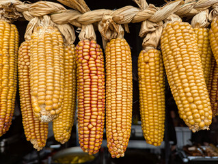 Dry corn cobs hang on a rope