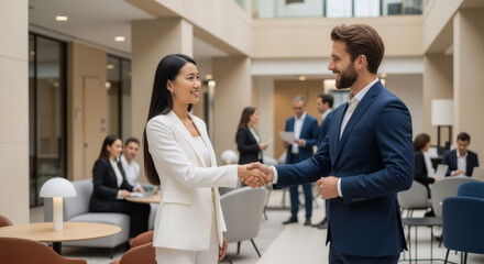 Fototapeta premium A handshake between business professionals over documents.