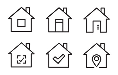 Web home icon set for websites and apps. Simple house symbol. Flat real estate sign. Main page pictogram in filled, thin line, outline and stroke style. Isolated illustration.