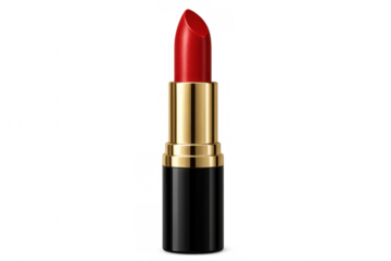 Red lipstick in elegant black and gold packaging, isolated on a transparent background, perfect for beauty and makeup projects