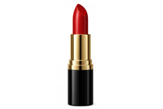 Red lipstick in elegant black and gold packaging, isolated on a transparent background, perfect for beauty and makeup projects