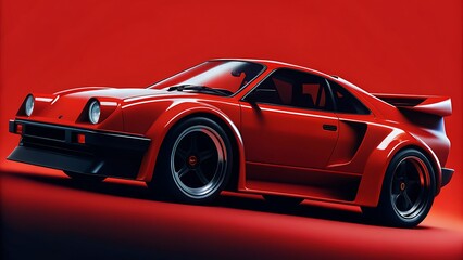 Obraz premium A vibrant red sports car with a sleek design and bold features against a red backdrop