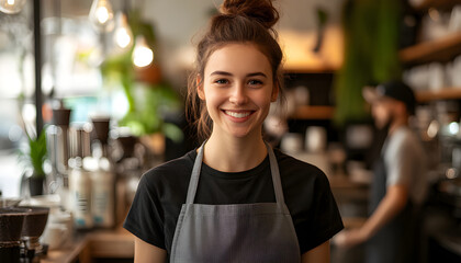 Smiling young woman shop assistant at cafe bar. Female employee wearing gray apron, serves clients. Happy barista works at coffee shop, small business