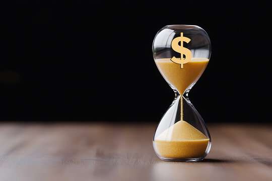 Time is Money: An hourglass with a dollar sign symbolizes the relationship between time and financial gain, highlighting the urgency and value of efficient time management.