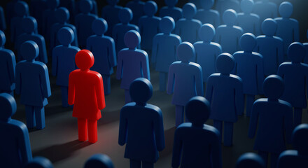Red figure standing out in blue crowd symbolizing leadership and individuality in 3D rendering