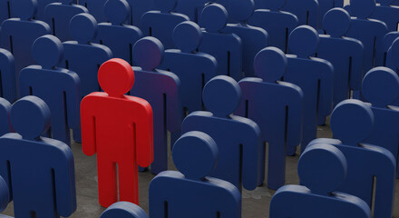 Red figure standing out in blue crowd symbolizing leadership and individuality in 3D rendering