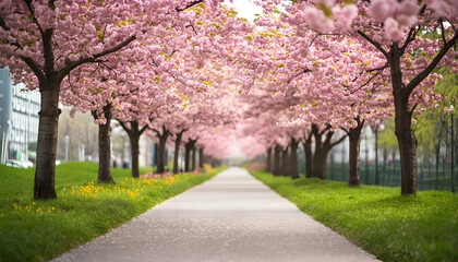 Naklejka premium Cherry blossom trees bloom with pink flowers, create a path in urban park. Springtime scenery with lush green grass